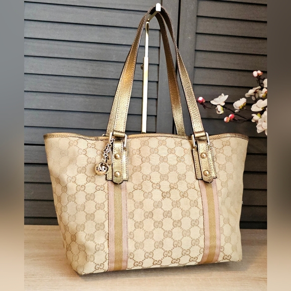 Authentic GUCCI Monogram GG Canvas Jolicoeur Pink and Gold Tote - Picture 2 of 14